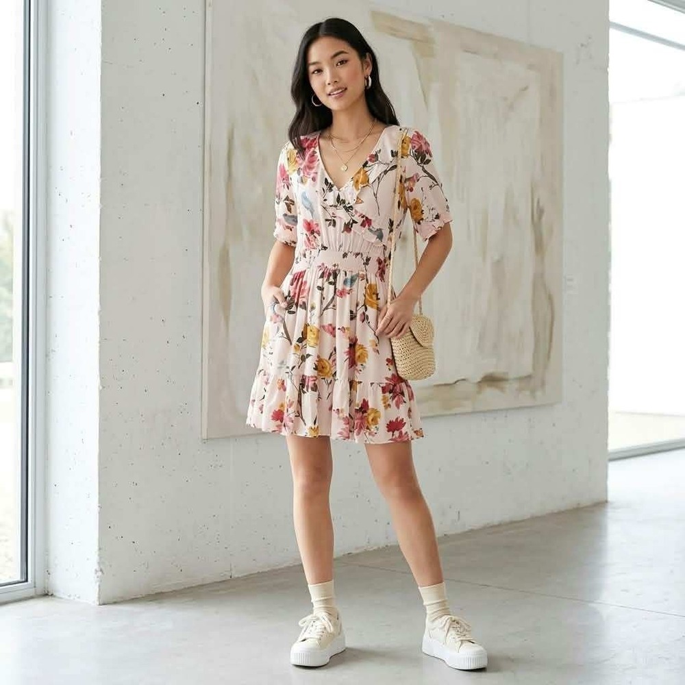 Spartina 449 Women's M Floral Smocked Waist Ruffle Dress Pink Viscose Boho